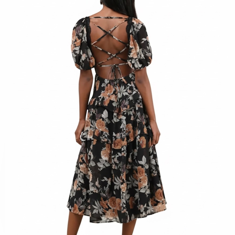 NWT Lulus Black Floral Tiered Puff Sleeve Open Back Lace-Up Midi Dress XL - Picture 2 of 11